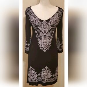 A'gaci Women's Black Faux Embroidered V Neck Stretch 3/4 Sleeve Dress S Gothic